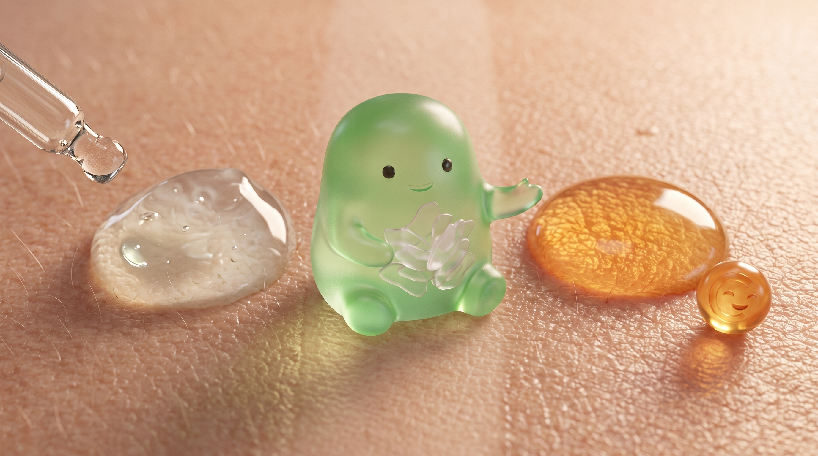 Frasco semiusado de exfoliante AHA y tableta de vitamina C junto a otros cosméticos. Fondo de lavabo real con gotas de agua.